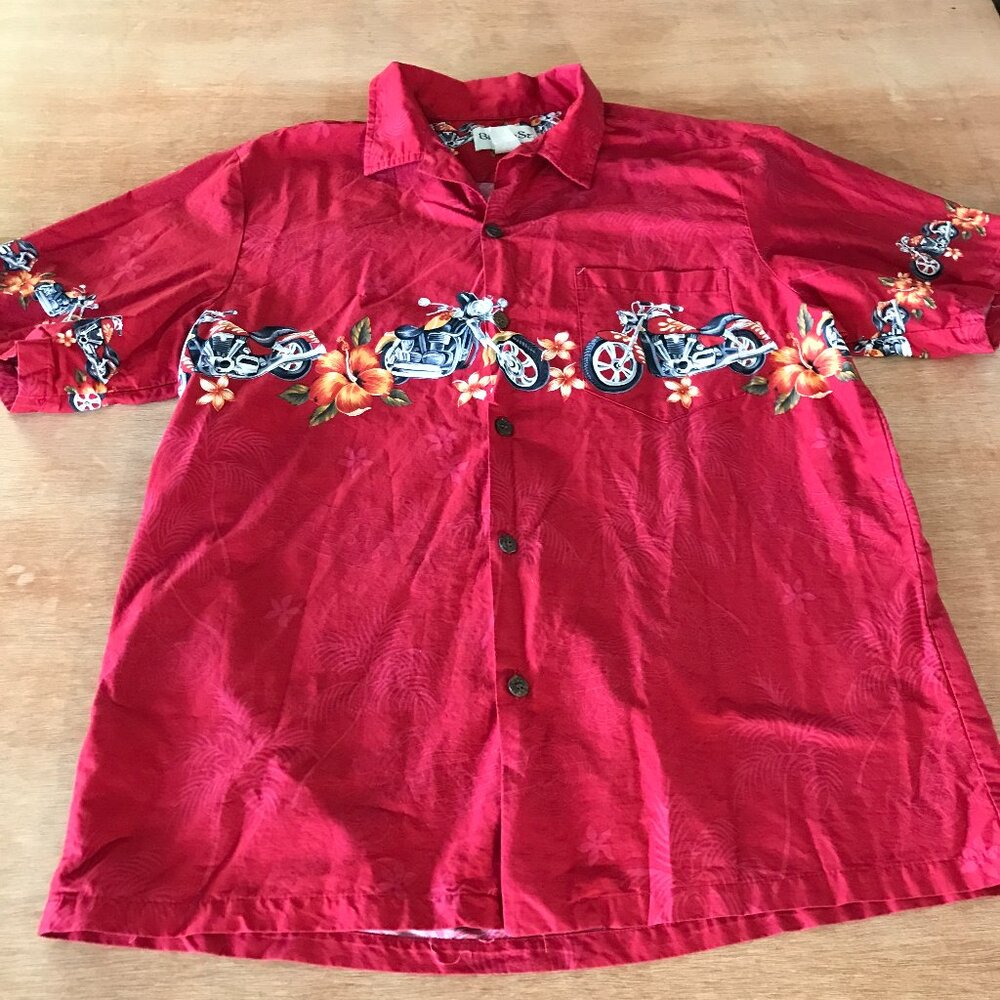 Bishop Street Shirt Men L Red Motorcycle Floral Button Up Pocket Short Sleeve